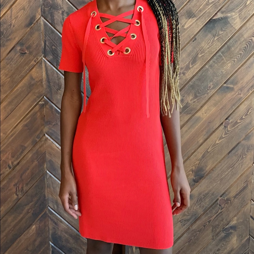 Michael Kors Red Lace-Up Ribbed Dress